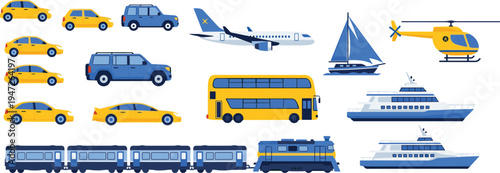 Transport, vehicles, car, bus, train, airplane, helicopter, boat, yacht, travel, transportation, transport, mobility, logistics, vehicle, illustration, icons, collection, transport, set