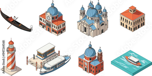 Venice, landmarks, architecture, gondola, lighthouse, cathedral, basilica, church, canal, italy, travel, tourism, historic, buildings, cityscape, illustration, icons, collection, venetian, set