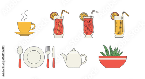 Illustrated beverages tableware and plant