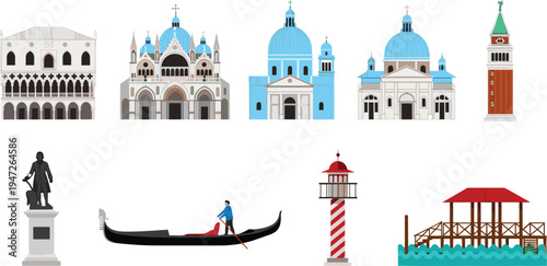 Venice, landmarks, architecture, basilica, cathedral, palace, tower, lighthouse, gondola, statue, italy, travel, tourism, historic, venetian, buildings, illustration, icons, collection, set