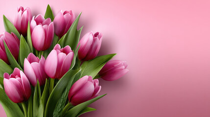 Pink tulips bouquet with fresh green leaves and dark berries rests on a pastel pink surface, representing spring, love, joy, and celebration for Mother's Day, anniversaries, or birthdays
