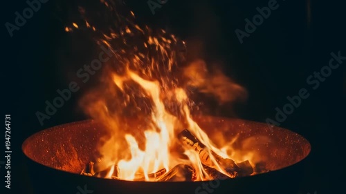 Fiery blaze within a dark, circular pit emitting sparks and intense heat