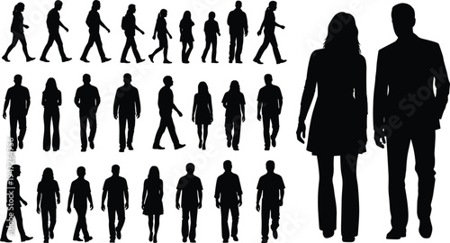 walking people silhouette collection, men and women walking poses, pedestrian figures set, human movement silhouettes isolated vector illustration pack