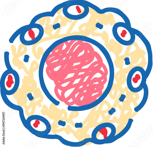 Biological cell structure diagram featuring a central nucleus with swirling chromatin, surrounded by cytoplasm and various smaller organelles, outlining an abstract cellular model