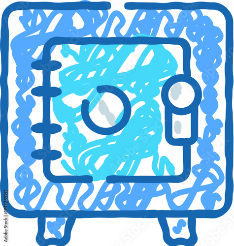 Safe box doodle icon showing a metal container with a combination lock, representing security, savings, investment, and protecting valuable items, assets, or financial wealth