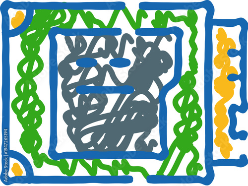 Abstract hand drawn frame design featuring vibrant green wavy patterns, intertwined yellow shapes, and chaotic gray scribbles, creating a dynamic background for creative imagination