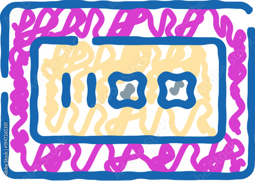 Audio cassette tape sketch with flowing wavy lines and floating digital numbers, blending vintage analog music media and abstract data motifs for retro technology and nostalgia concepts