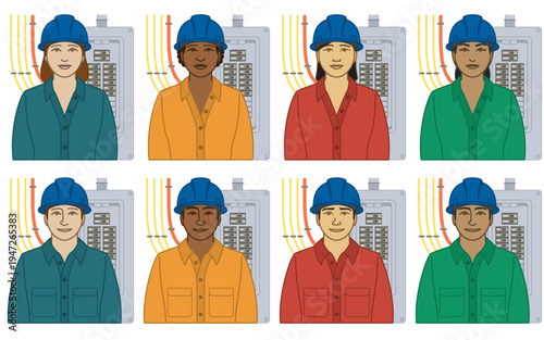 diversity, race, ethnicity of electrician vector icons, male and female, wearing hard hat, including electric panel, isolated on a white background