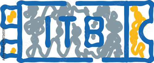 Itb text appearing on a travel ticket icon, rendered in a distinctive blue and yellow hand drawn doodle style, conveying concepts of booking and convention