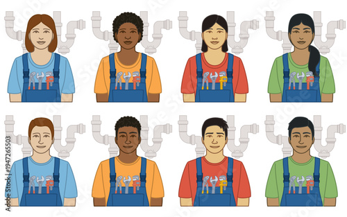 diversity, race, ethnicity of plumber vector icons, male and female, wearing overalls with water pipes and tools, isolated on a white background