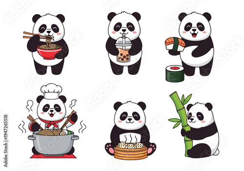 A sweet assortment of six cartoon pandas joyfully partaking in various Asian culinary experiences and embracing bamboo, isolated on white.