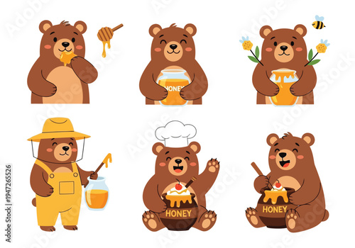 This charming collection presents six friendly cartoon bears enjoying or involved with honey in various delightful scenarios against a white background.