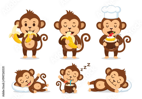 This delightful set features six cheerful cartoon monkeys performing various activities, including eating bananas and relaxing, on a crisp white background.