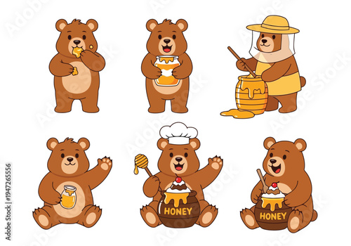 This engaging collection showcases six friendly cartoon bears enjoying or collecting honey, presented in various charming scenarios on a white background.
