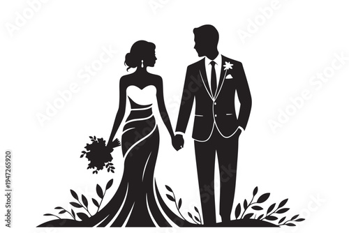 Black silhouette graphic of bride and groom holding hands standing together surrounded by leafy border illustration
