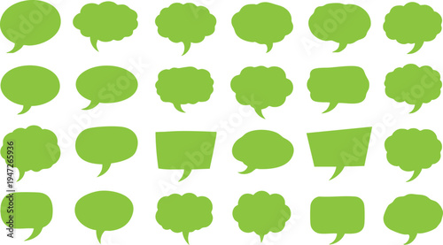 Twenty-four solid bright green speech and thought bubbles in various shapes on white Keywords