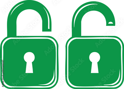 Two green open padlocks with white keyholes on a white background