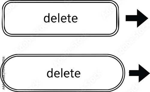 Two rounded rectangular buttons with the word delete and black arrows on a white background