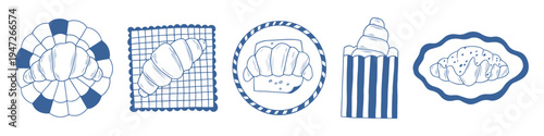 Minimalist vector set of french croissants on decorative plates, checkered napkin, in craft paper bags. Blue line hand drawn illustration for bakery menu, cafe branding, takeaway decor. Isolated food