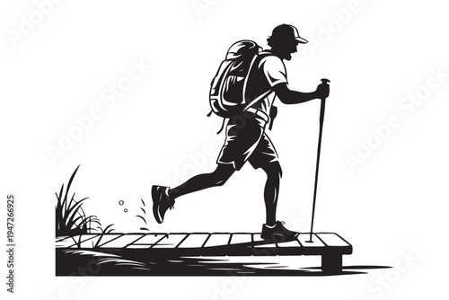 Dynamic silhouette of hiker running across wooden bridge with backpack and trekking pole enjoying outdoor adventure