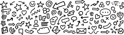 Variety of black hand drawn doodle with arrows hearts stars envelopes and abstract shapes