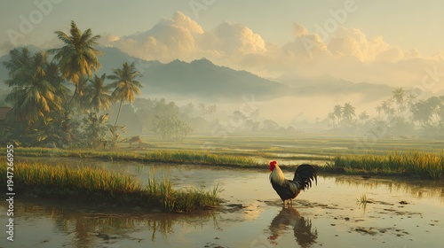 Rooster in Rice Field at Sunrise with Misty Mountain Background