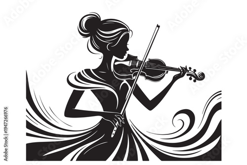 Elegant woman playing violin silhouette vector illustration of classical music performer with artistic flowing lines for concert poster design or musical event background on transparent grid