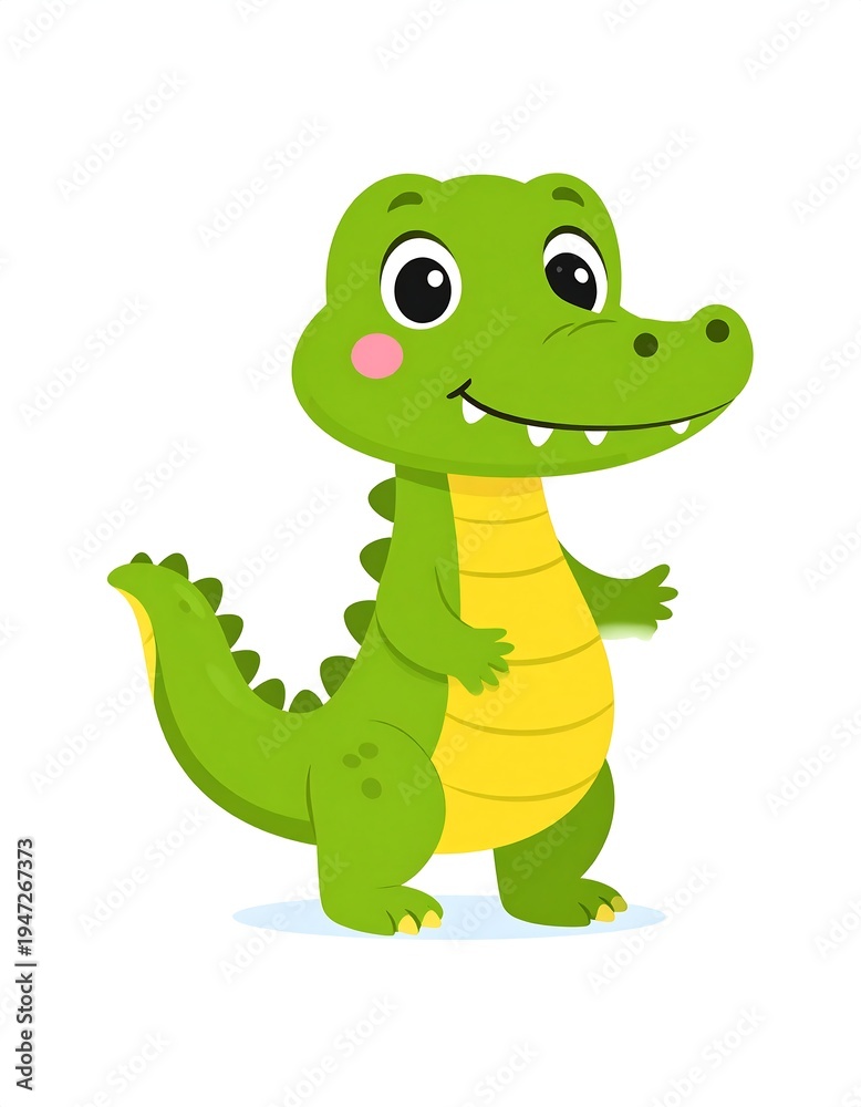 Fototapeta premium Cartoon alligator smiling. Green body, yellow tummy and tail. Cute, simple, on white backdrop