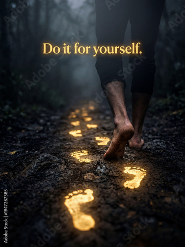 Glowing golden footprints left on a dark misty path by bare feet, featuring an inspiring typography quote about walking your own journey.