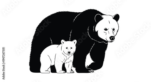 Detailed black and white vector illustration of a large adult bear walking protectively with its small young bear cub.