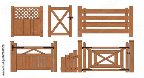 Detailed set of six different wooden garden gates and fence panels in various rustic and modern design styles for homes.