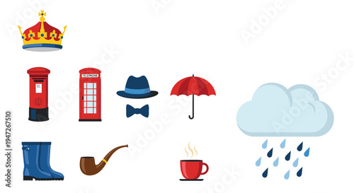 Collection of iconic British symbols including a crown, red post box, phone booth, and umbrella for London themed designs.