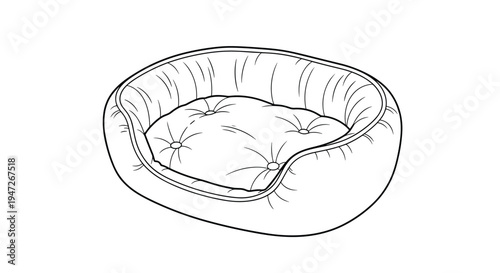 Simple line art illustration of a round padded pet bed suitable for small dogs or cats in a comfortable home setting.