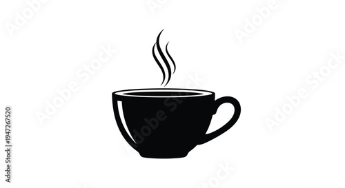 Simple black silhouette of a hot cup of coffee or tea with rising steam curls against a clean white background.