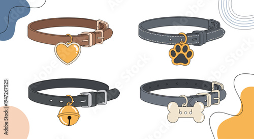 Collection of four different pet collars featuring decorative charms like a heart, paw print, ringer bell, and bone.