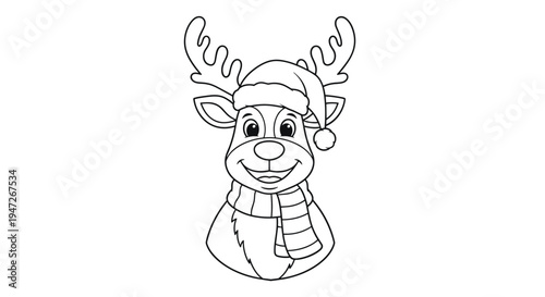 Cheerful cartoon reindeer character wearing a red Santa hat and a striped winter scarf for the festive holidays.