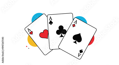 Stylish graphic illustration of three ace playing cards featuring hearts, clubs, and spades over vibrant colorful circles.