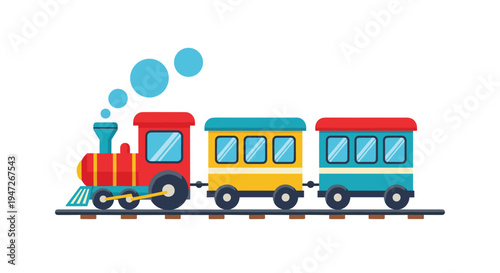 Bright and colorful cartoon toy train engine with two passenger cars moving along a track with small steam clouds.
