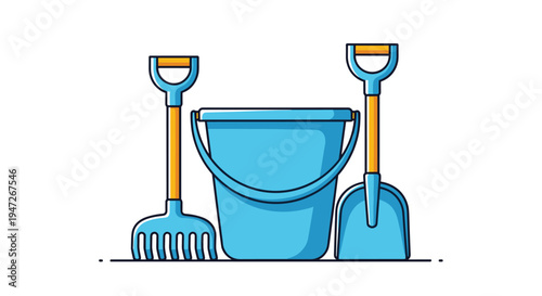 Colorful set of blue plastic beach toys including a bucket, a rake, and a shovel for creative children sand play.