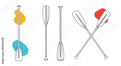 Set of four various boat paddles and oars in different styles and arrangements for nautical and rowing theme graphics.