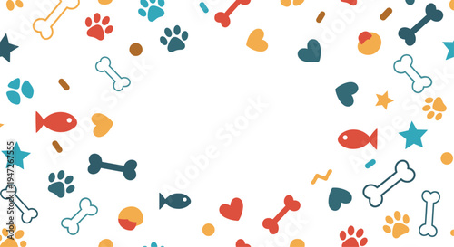 Playful background pattern featuring various pet-related icons like colorful bones, paw prints, fish, hearts, and stars.