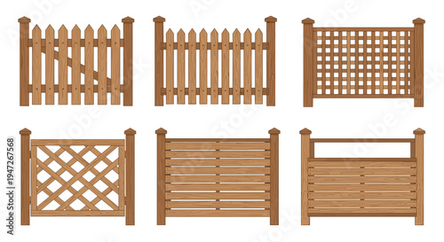 Comprehensive set of six wooden fence and gate panels in various designs ranging from picket to modern trellis styles.