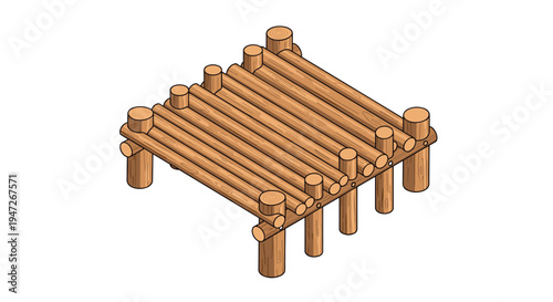 Detailed isometric illustration of a sturdy wooden log platform or pier structure built on vertical support pillars.