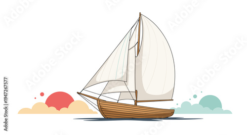 Detailed vector illustration of a traditional wooden sailboat with full white sails navigating on calm ocean waters.