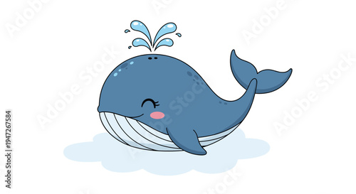 Adorable cartoon illustration of a happy blue whale spouting water from its blowhole while floating in the ocean.