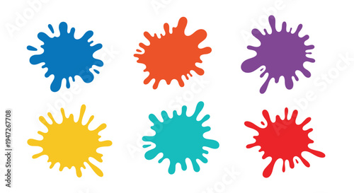 Six colorful paint splats and blobs in blue, orange, purple, yellow, teal, and red, arranged in two rows on a plain white background.