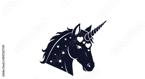 Black silhouette profile of a unicorn head with a spiral horn, flowing mane, and decorative patterns of hearts and stars on its neck.