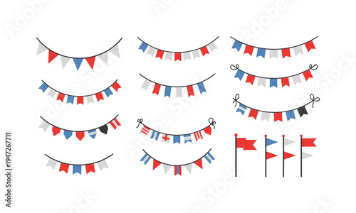 Colorful bunting flags and individual flag illustrations for festive decorations