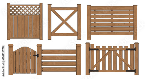 Set of six different wooden fence and gate designs featuring varied styles like vertical planks, cross-bracing, lattice tops, and hinged gates.
