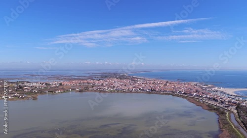 Aerial view of the town of Saintes Maries de la Mer, in the Bouches du Rhône, in Provence, France